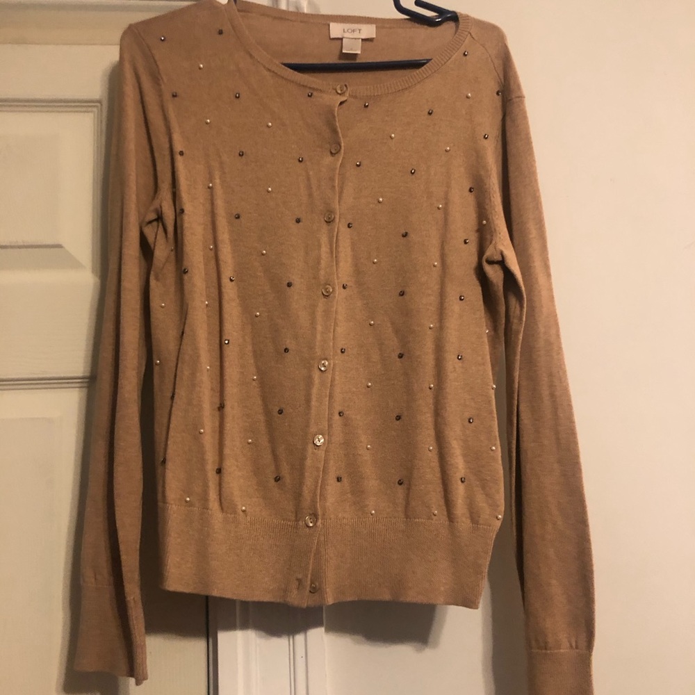 Embellished jeweled brown cardigan sweater.